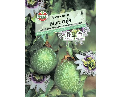Sperli Logo. Passionsfrucht Maracuja, eine reichblühende Kübelpflanze mit essbaren Früchten. Das Symbol Rankpflanze und das Symbol Gewächshaus geeignet sind abgebildet.