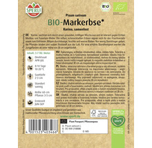 Samenpackung Markerbse Karina der Marke Sperli mit Informationen zu Aussaat, Standort und Erntezeit