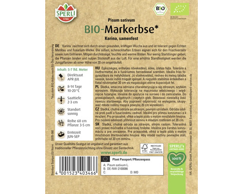 Samenpackung Markerbse Karina der Marke Sperli mit Informationen zu Aussaat, Standort und Erntezeit