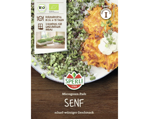 Sperli Microgreen Pads Senf mit Bio Siegel und Serviervorschlag