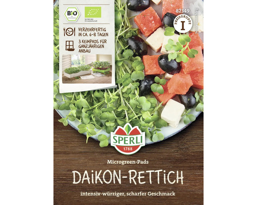 Sperli Logo. Microgreen Pads Daikon-Rettich mit Bio Siegel und Preisgruppe I.