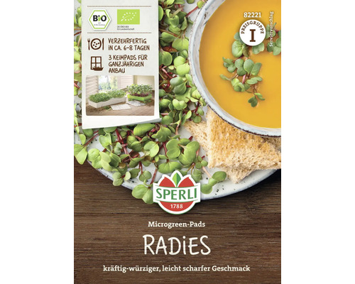 Sperli Radieschen Microgreen Pads Packung mit Serviervorschlag