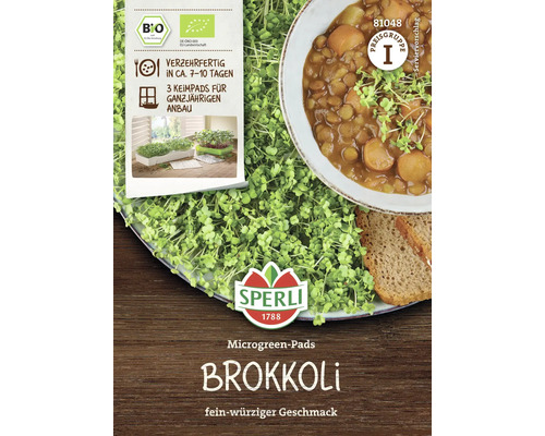 Sperli Brokkoli Microgreen Pads Packung mit Serviervorschlag