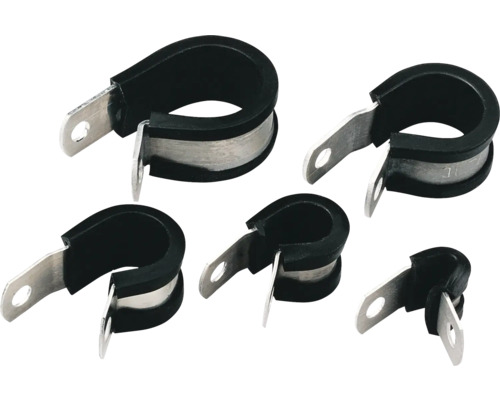 Mehrere Rohrschellen mit Gummieinlage und Befestigungslasche