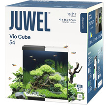 Verpackung des Juwel Vio Cube 54 Aquariums mit Informationen zu Größe und Ausstattung