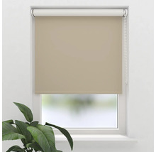 Beige Fensterrollo mit Kettenzug in einem weißen Fensterrahmen.