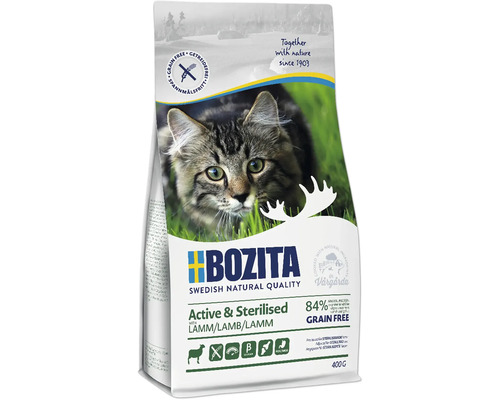 Verpackung Bozita Katzenfutter mit Lamm für aktive und sterilisierte Katzen, getreidefrei