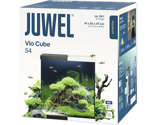Verpackung des Juwel Vio Cube 54 Aquariums mit Aquarium-Spezifikationen