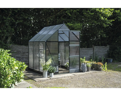 Gewächshaus mit Glas und Metallrahmen im Garten