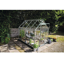 Gewächshaus mit Regalen zur Pflanzenaufzucht im Garten.