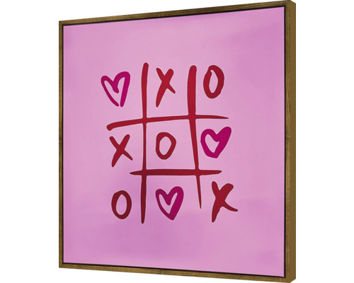 Dekoratives Bild mit Herz, Kreuzen und Kreisen auf rosa Hintergrund im Holzrahmen