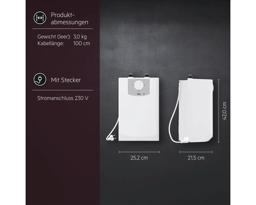 AEG Kleinspeicher mit den Produktabmessungen in der Ansicht von vorn und von der Seite