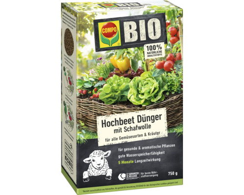 COMPO Bio Hochbeet Dünger mit Schafwolle, 750 Gramm Packung für Gemüse und Kräuter