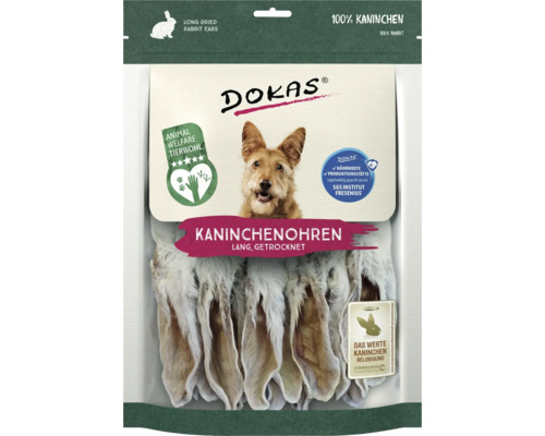 Verpackung von Dokas Kaninchenohren, lang getrocknet, mit Tierschutz Siegel