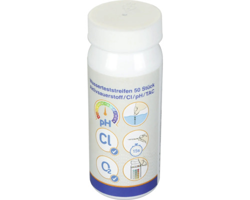 Wasser Teststreifen Dose mit 50 Stück zur Messung von Aktivsauerstoff, Chlor, pH-Wert und TAC