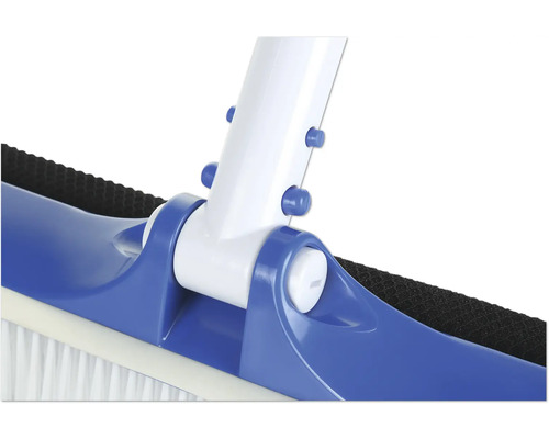 Detailansicht einer Poolbürste mit blauem Gehäuse und weißen Borsten