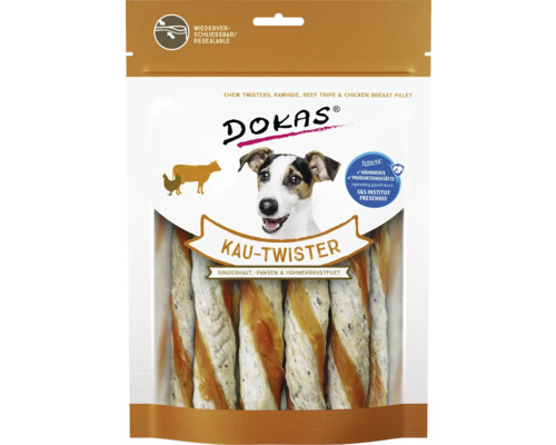 Dokas Kau-Twister mit Rinderhaut, Pansen und Hühnerbrustfilet in wiederverschließbarer Verpackung
