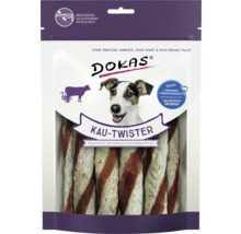 Dokas Kau-Twister für Hunde, mit Rinderhaut, Entenherz und Entenbrustfilet, wiederverschließbare Verpackung