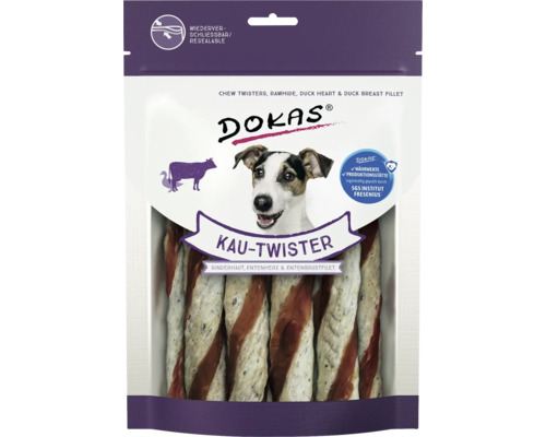 Dokas Kau-Twister für Hunde, mit Rinderhaut, Entenherz und Entenbrustfilet, wiederverschließbare Verpackung