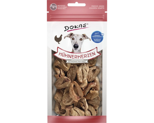 Hundesnack DOKAS Hühnerherzen getrocknet 22 g Dokas gefriergetrocknete Hühnerherzen für Hunde, wiederverschließbare Verpackung