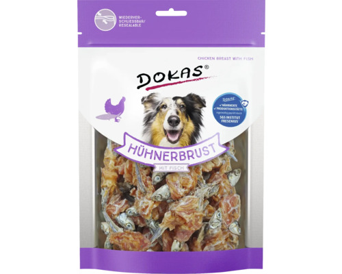 Hundesnack DOKAS Hühnerbrust mit Fisch 220 g Dokas Hühnerbrust mit Fisch für Hunde, wiederverschließbare Verpackung