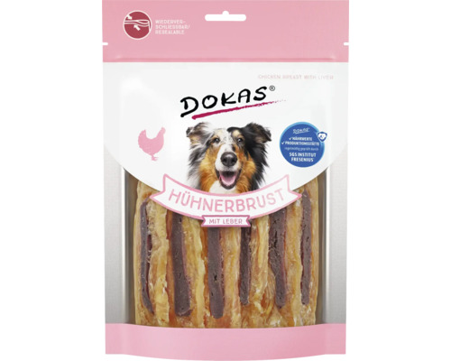 Hundesnack DOKAS Hühnerbrust mit Leber 220 g Dokas Hühnerbrust mit Leber Hundesnack in wiederverschließbarer Verpackung