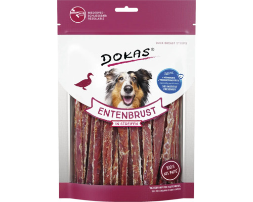 Hundesnack DOKAS Entenbrust in Streifen250 g Dokas Entenbrust Streifen für Hunde im wiederverschließbaren Beutel