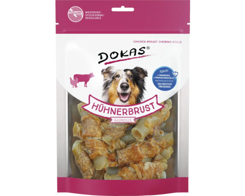 Hundesnack DOKAS Hühnerbrust Kaurolle 250 g Verpackung Dokas Hühnerbrust Kaurolle für Hunde