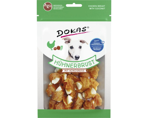 Hundesnack DOKAS Hühnerbrust mit Kokos 60 g Dokas Hühnerbrust mit Kokosnuss für Hunde, wiederverschließbare Verpackung
