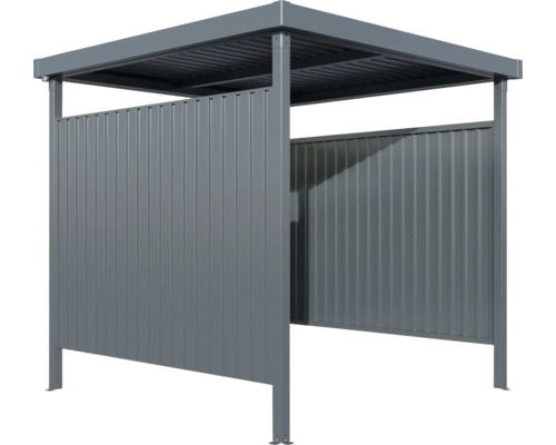 Grauer Metall-Unterstand mit teilweise geschlossenen Wänden.