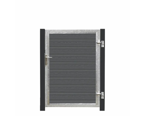 Gartentür mit grauem Holzmuster und Metallrahmen