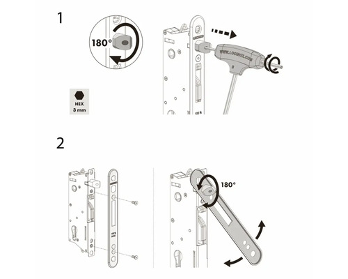 Anleitung zur Installation des Locinox-Schlosses mit einem 3-mm-Sechskantschlüssel und einer 180-Grad-Drehung.