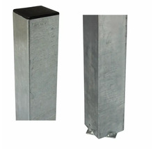 Zwei Metallpfosten mit quadratischem Querschnitt, einer mit schwarzer Abdeckung, einer mit Fußplatte