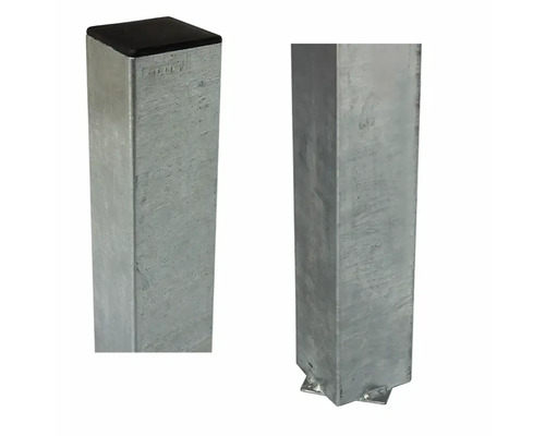 Zwei Metallpfosten mit quadratischem Querschnitt, einer mit schwarzer Abdeckung, einer mit Fußplatte
