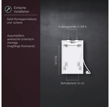 Weißer Warmwasserbereiter zur Untertischmontage mit den Maßen 32,2 cm Höhe und 14 cm Bohrabstand