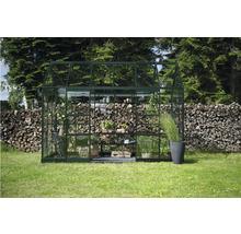 Gewächshaus mit Pflanzen und Gartenzubehör im Garten