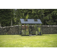 Gewächshaus mit Glas und Metallrahmen im Garten