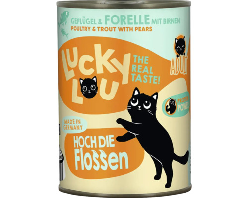 Konservenfutter mit Geflügel, Forelle und Birnen für erwachsene Katzen von Lucky Lou