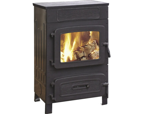 Holzofen mit Glasscheibe und Holzfeuer