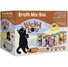 Lucky Lou Broth Mix-Box mit zwölf Portionsbeuteln Katzenfutter mit sechs Sorten