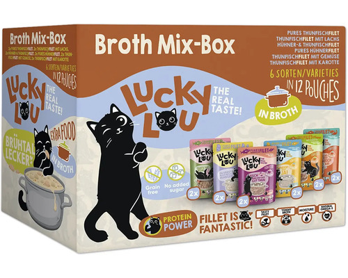 Lucky Lou Broth Mix-Box mit zwölf Portionsbeuteln Katzenfutter mit sechs Sorten