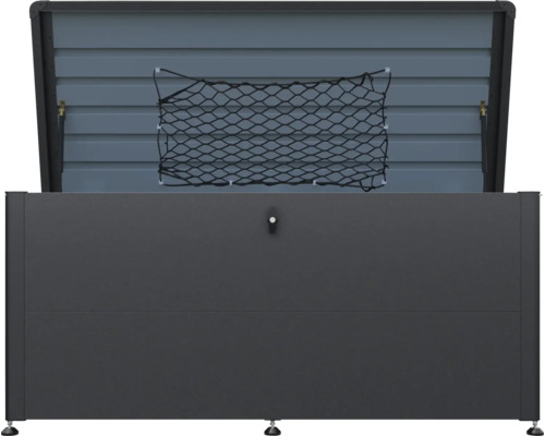 Geöffnete Aufbewahrungsbox aus Metall mit Netz