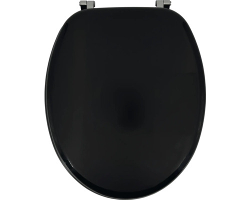 Schwarzer Toilettensitz mit Chromscharnieren