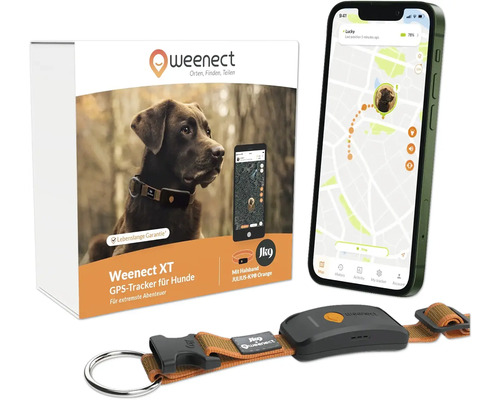 Weenect XT - GPS Tracker für Hunde verstellbares Halsband Julius-K9 mit Tracking-Funktion, für Halsumfang von 37.5 bis 56.5 cm, mit LED Lampe, Orange Weenect GPS Tracker für Hunde mit Verpackung, Smartphone-Ansicht und Halsband