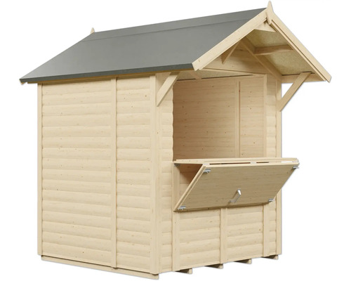 Holzverkaufsstand mit geöffneter Theke