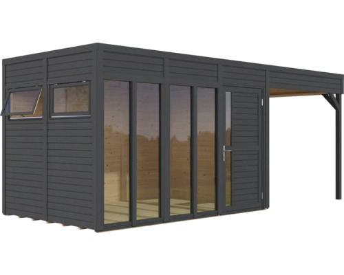 Modernes Gartenhaus mit Anbau, Fenstern und Tür
