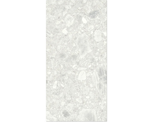 Feinsteinzeug Terrassenplatte Balnea Pearl rektifizierte Kante 120 cm x 60 cm x 2 cm Nahaufnahme einer Terrazzoplatte