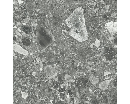 Feinsteinzeug Terrassenplatte Balnea Dark Grey rektifizierte Kante 60 cm x 60 cm x 2 cm Nahaufnahme einer Bodenfliese mit Steindekor