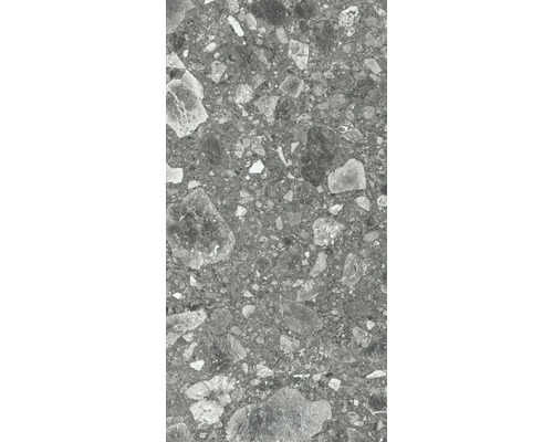 Feinsteinzeug Terrassenplatte Balnea Dark Grey rektifizierte Kante 120 cm x 60 cm x 2 cm Nahaufnahme einer grauen Feinsteinzeugfliese mit Steindekor