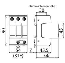 Technische Zeichnung eines dreiphasigen Überspannungsableiters mit Maßangaben